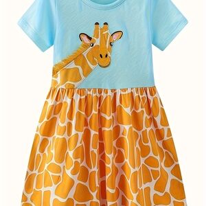 Kids Giraffe Print Dress - Blue and Orange